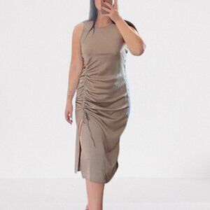 House of Harlow 1960 Satin Side Ruched Midi Dress Size XL in Taupe